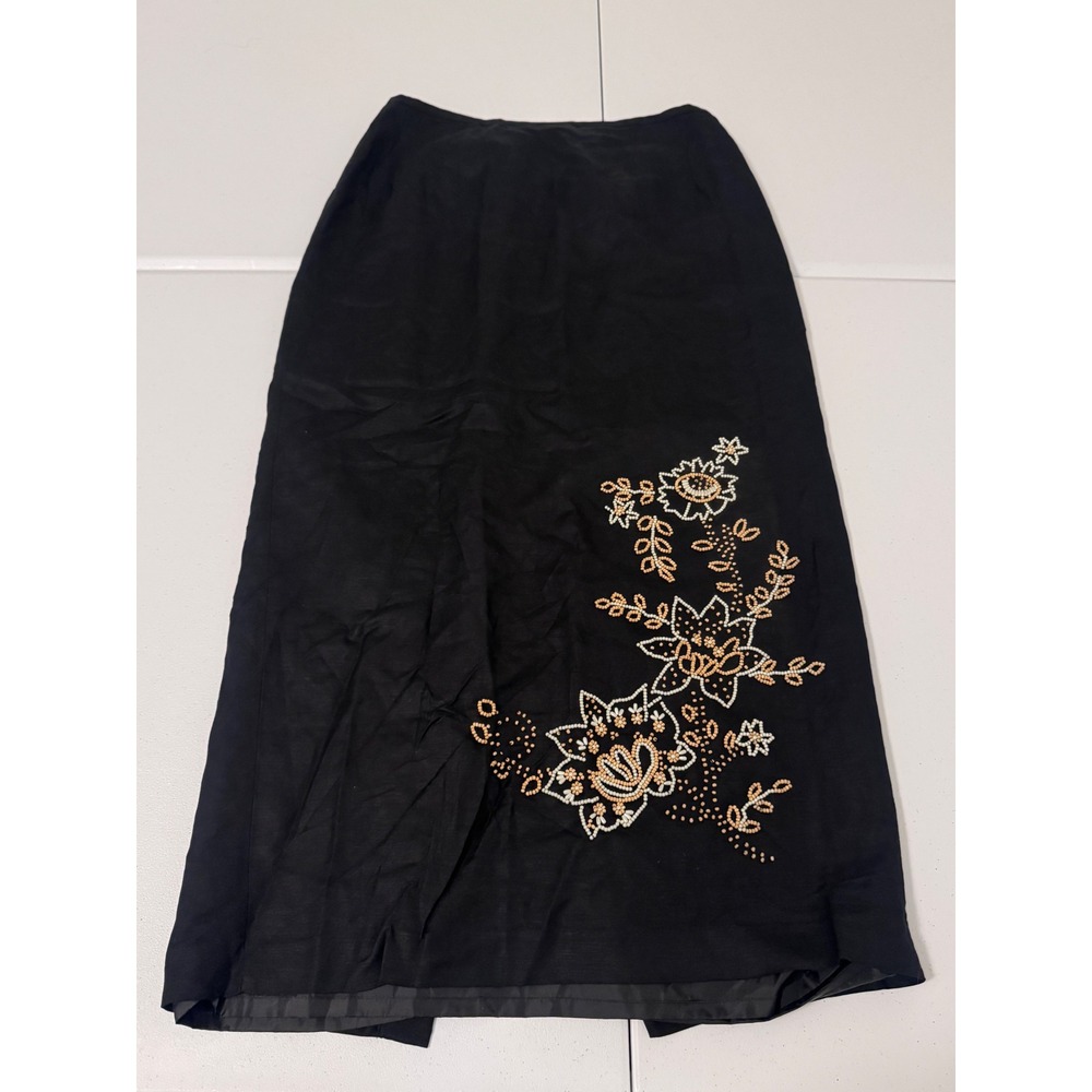 Vintage Black Linen Blend Beaded Floral Midi Skirt High Waist Size 
12 m3‎ - Picture 2 of 6
